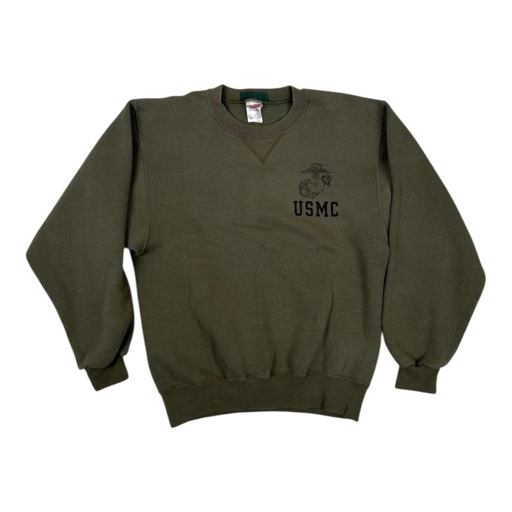 Vintage USMC Sweatshirt Mens Small Green Crewneck Fleece Made USA Military